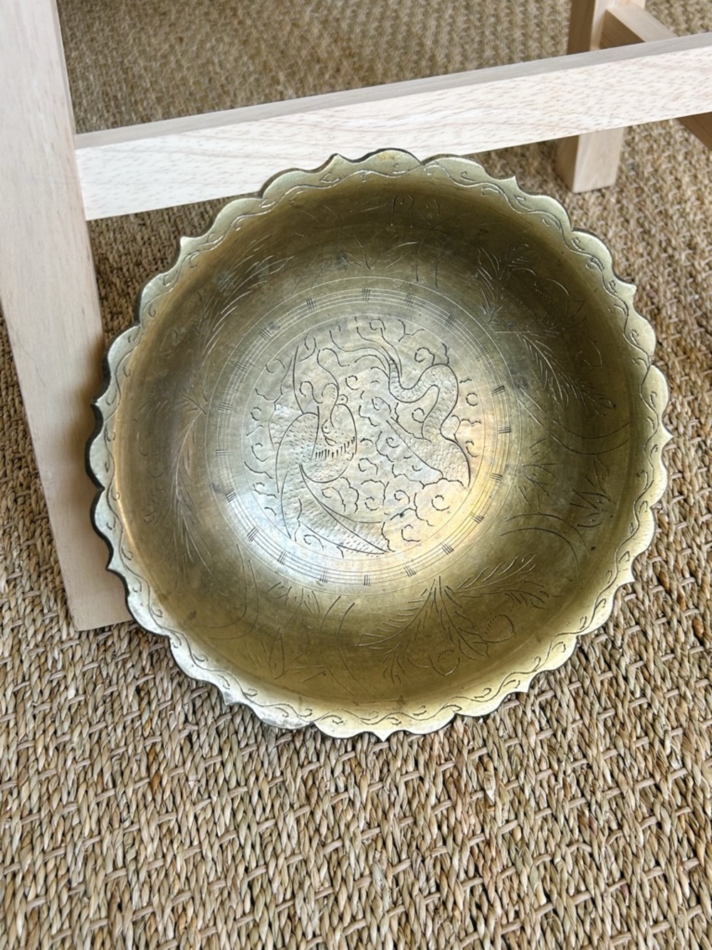 Authentic Vintage Hand Etched Chinese Brass Scalloped Bowl
